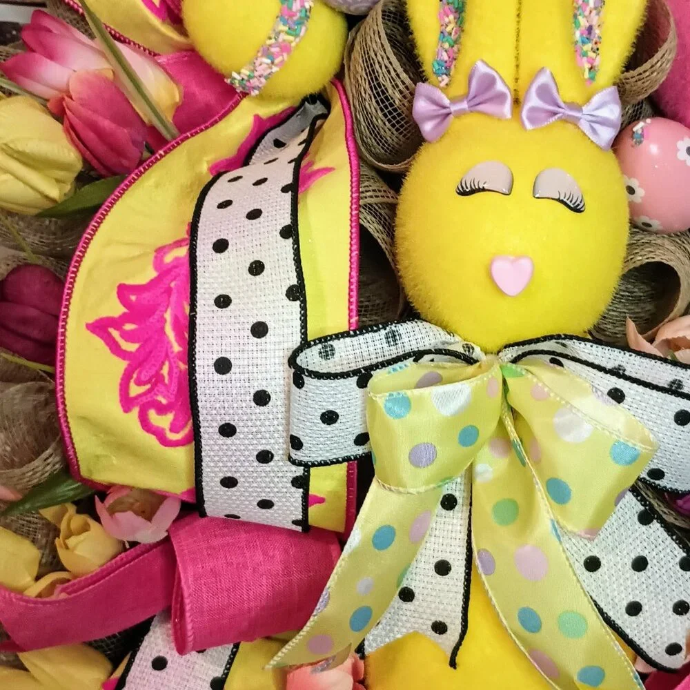 Easter Wreath for Front Door, Flocked Bunny Wreath, Easter decoration, Spring